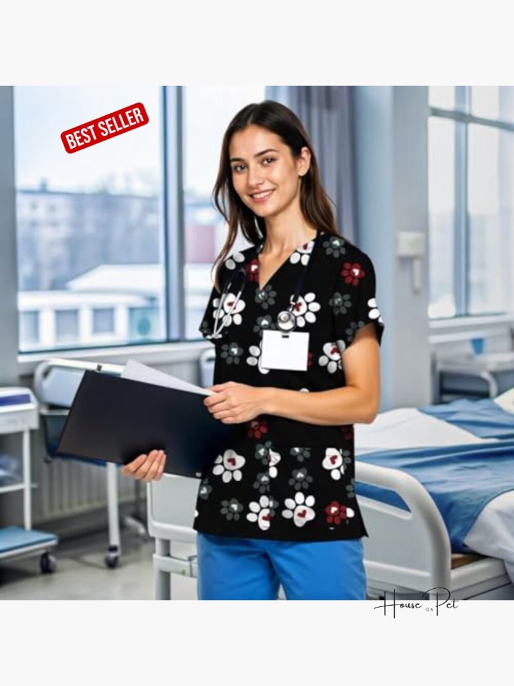 Cute Printed Scrub Top V Neck Short Sleeve Medical Nurse Uniform Soft With 2 View 3